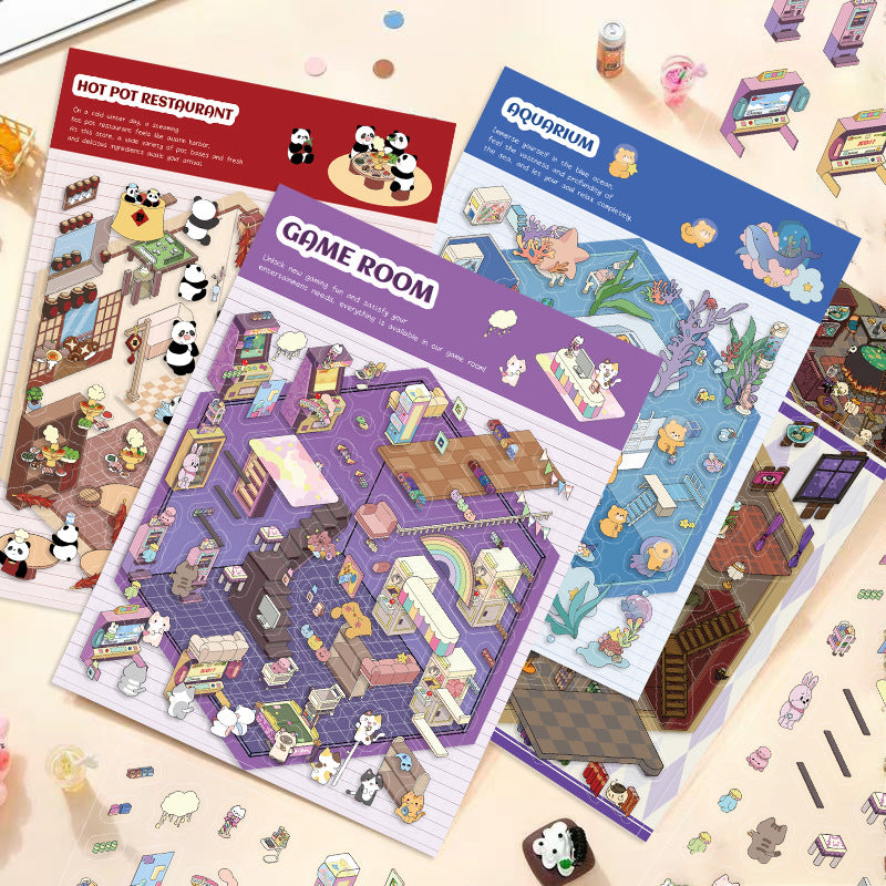 5 Sheets 3D Pop-Up House Stickers, No-Cut PET Clear for Aesthetic Journal & Dollhouse DIY