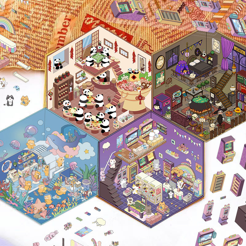 5 Sheets 3D Pop-Up House Stickers, No-Cut PET Clear for Aesthetic Journal & Dollhouse DIY