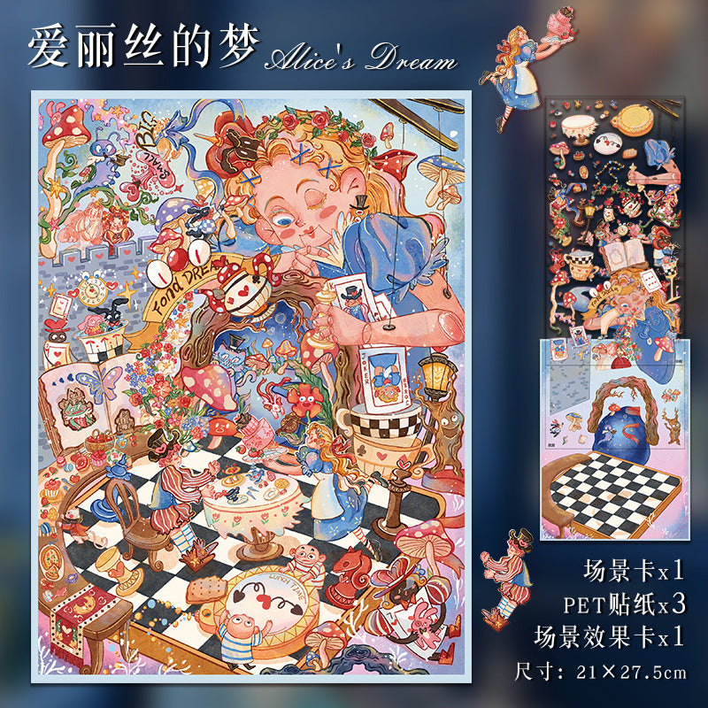 Alice in Wonderland Stickers, 3D No-Cut Washi Sticker Sheets for Journal, Miniature Diorama Scene