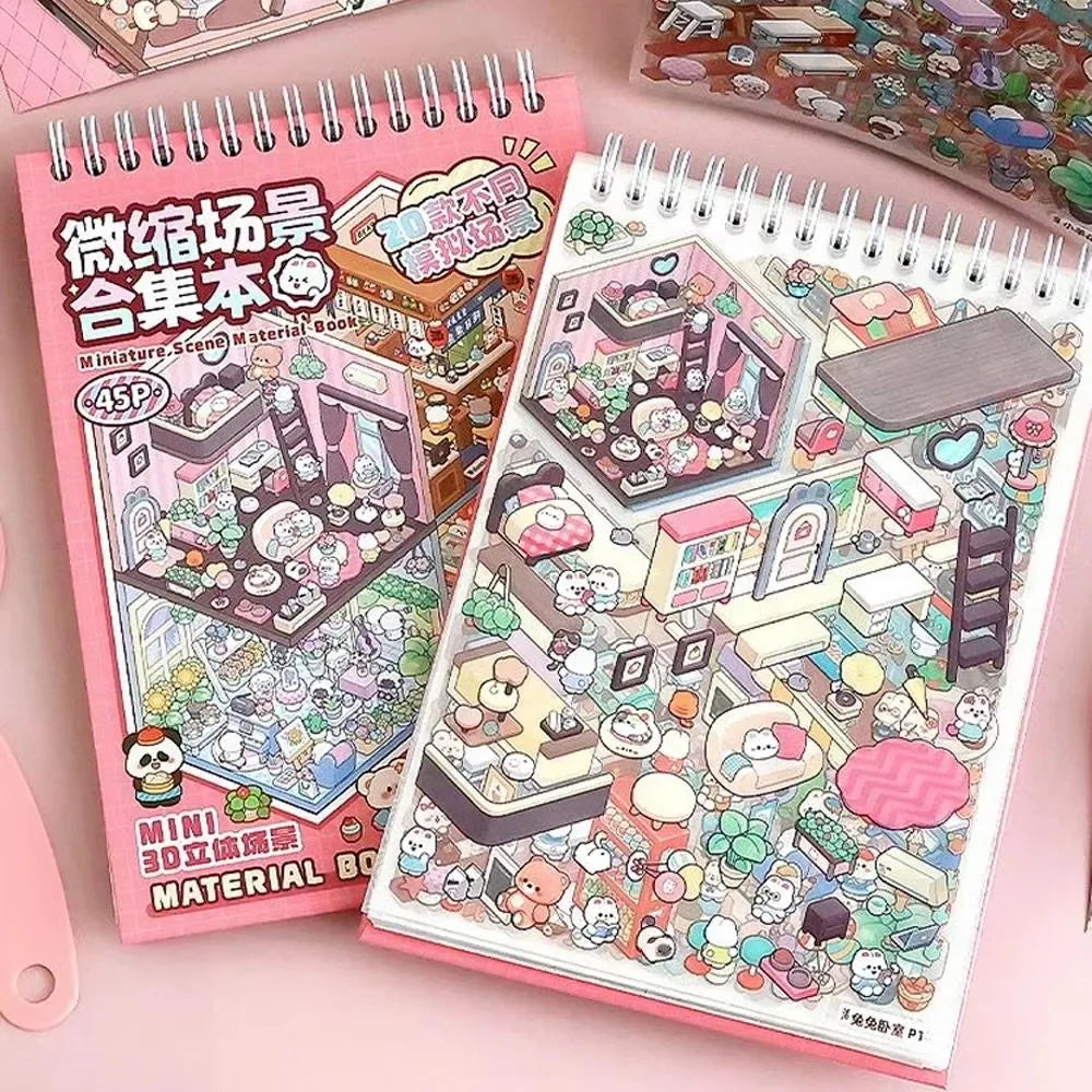 20pcs Scene Cardstock + 25pcs Stickers + 1 Tweezer Micro Scene Combination Book Set, 3D Scene Stickers for DIY Miniature Houses