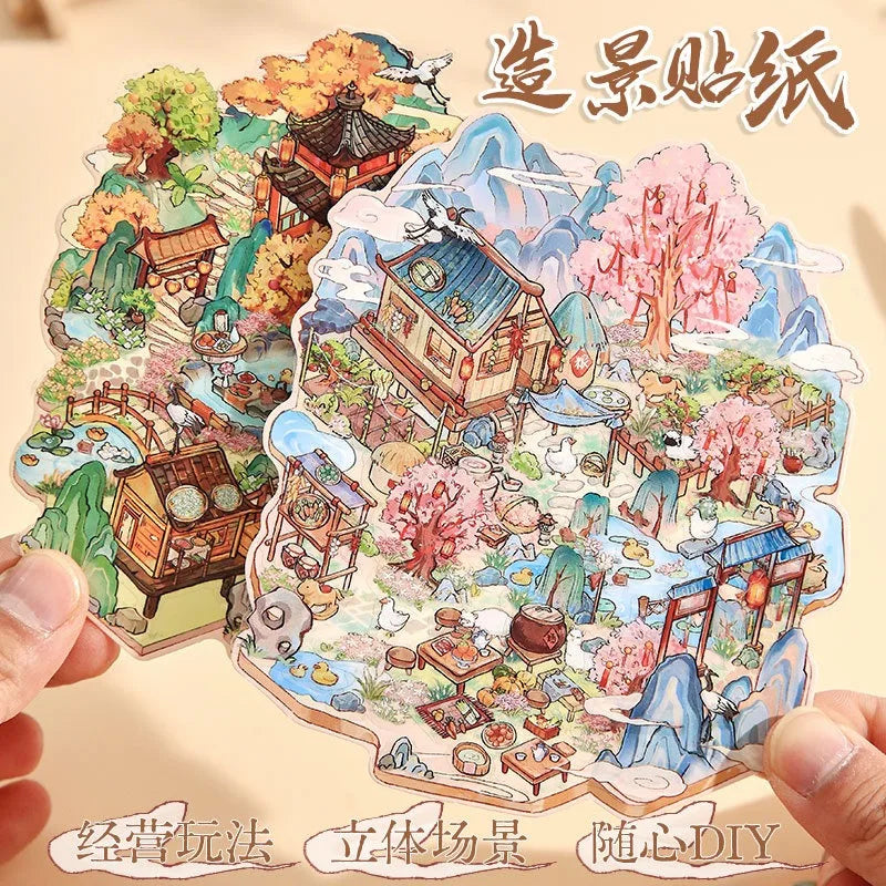 Landscape Sticker 3D DIY Chinese Ancient Scenery Miniature Scene Visual Stacking Stickers Landscaping Stickers Toy for Kid Child