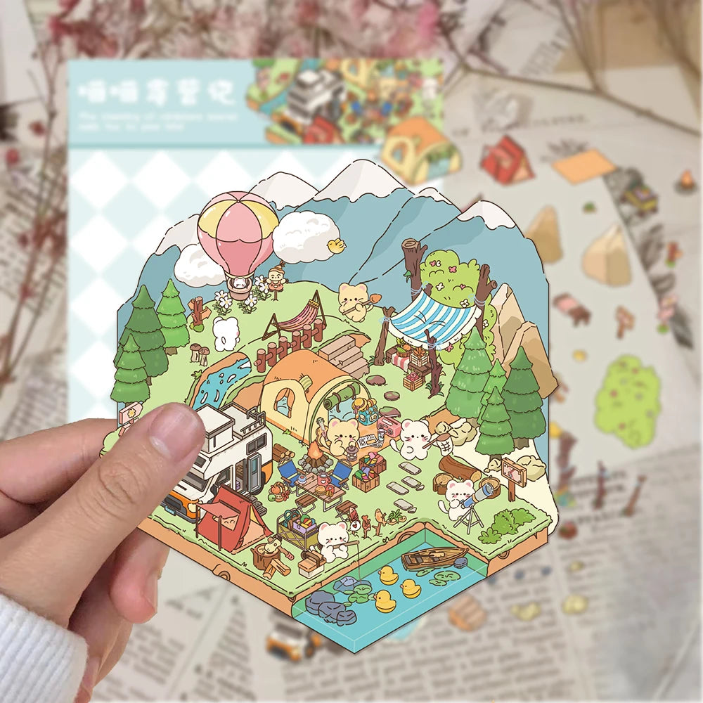 3D Cartoon DIY Landscape Stickers Miniature Landscape Scene Visual Stacking Stickers Student Stress Relief Gift