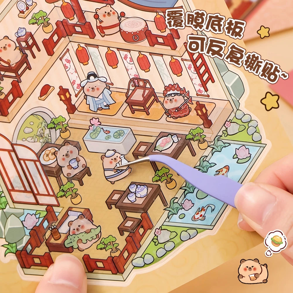 20 scene cards + 30 stickers + 1 tweezers Mini 3D scene combination book set DIY mini house decoration stickers Reusable