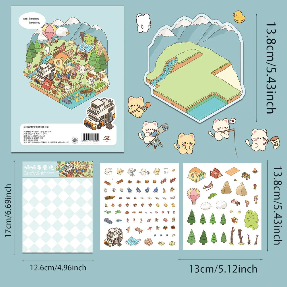 Cartoon Landscaping Stickers Miniature Scene Kawaii Stickers DIY 3d Scene Simulated Cabin Stickers, Cute Gift For Child Student