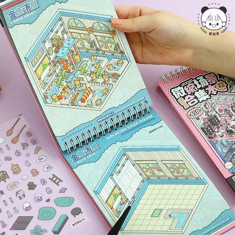 45pcs/book Miniature Scene Collection Book 4.0 Scenery Stickers 3D Stacked Small Sticker Stereoscopic Visual Miniature House DIY