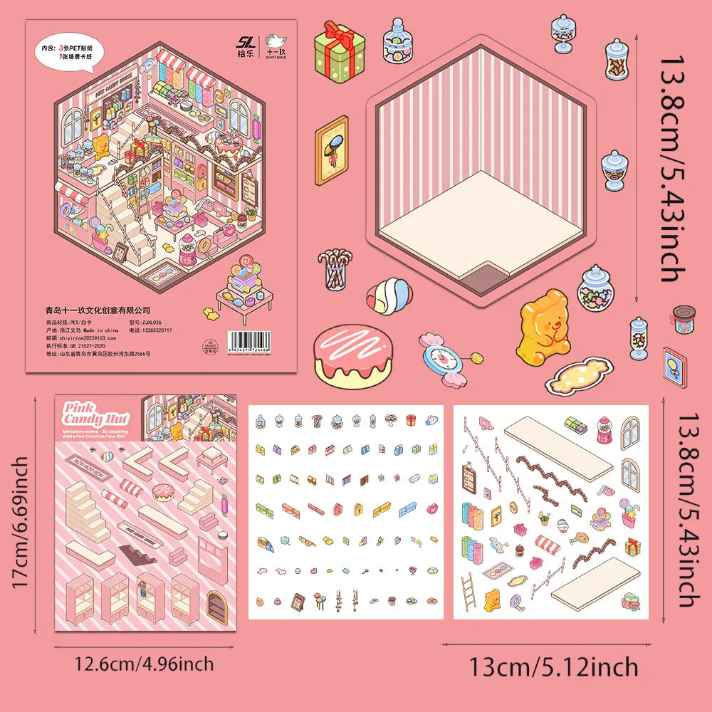 Cartoon Landscaping Stickers Miniature Scene Kawaii Stickers DIY 3d Scene Simulated Cabin Stickers, Cute Gift For Child Student