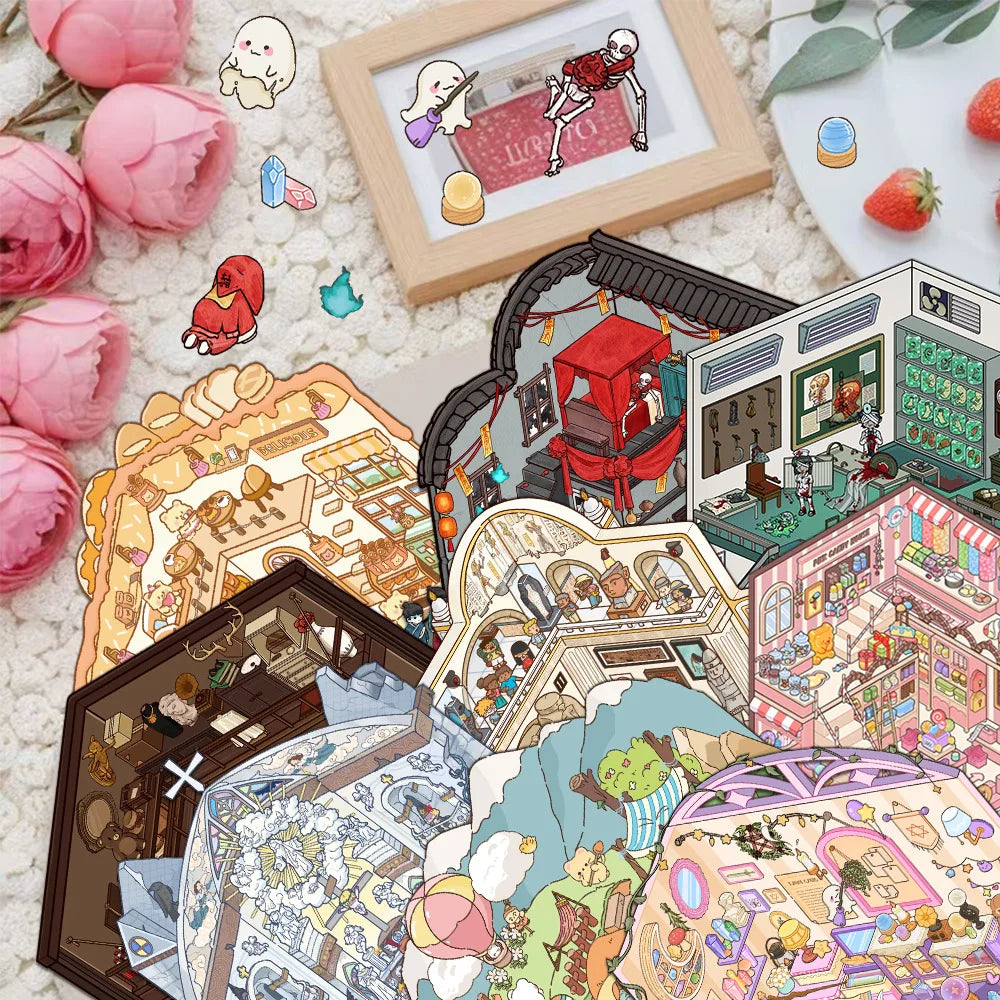 Cartoon Landscaping Stickers Miniature Scene Kawaii Stickers DIY 3d Scene Simulated Cabin Stickers, Cute Gift For Child Student