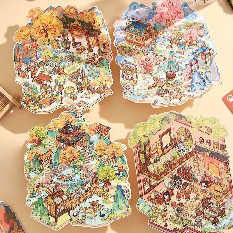 Landscape Sticker 3D DIY Chinese Ancient Scenery Miniature Scene Visual Stacking Stickers Landscaping Stickers Toy for Kid Child