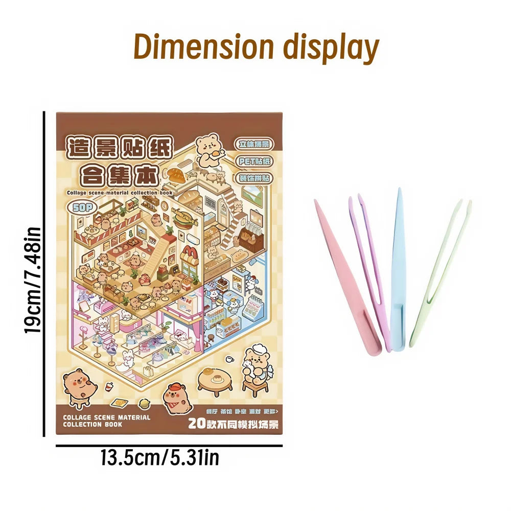 20 scene cards + 30 stickers + 1 tweezers Mini 3D scene combination book set DIY mini house decoration stickers Reusable