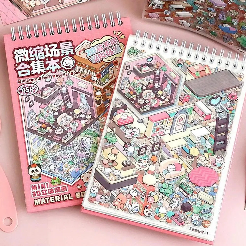 20pcs Scene Cardstock + 25pcs Stickers + 1 Tweezer Micro Scene Combination Book Set, 3D Scene Stickers for DIY Miniature Houses