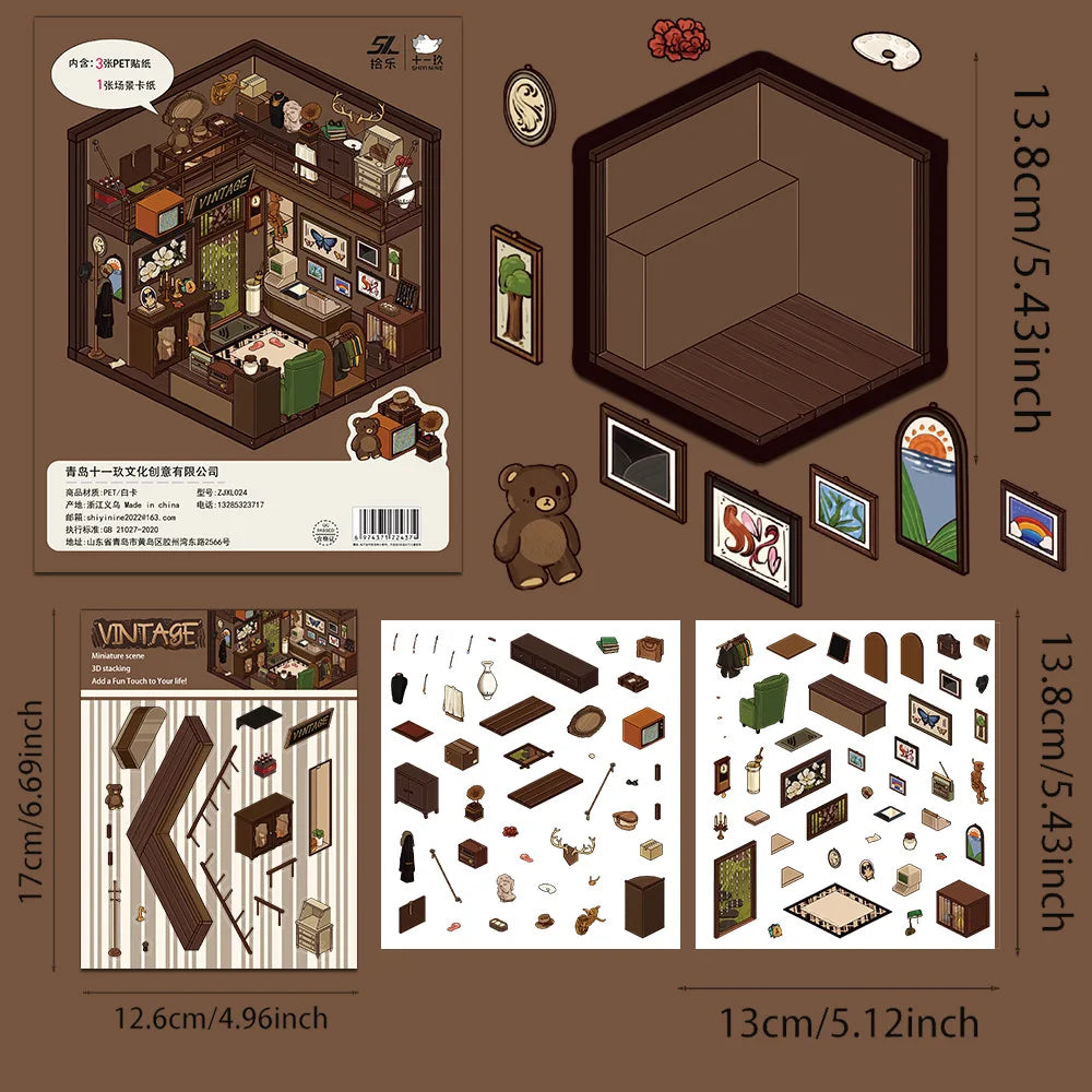 Cartoon Landscaping Stickers Miniature Scene Kawaii Stickers DIY 3d Scene Simulated Cabin Stickers, Cute Gift For Child Student